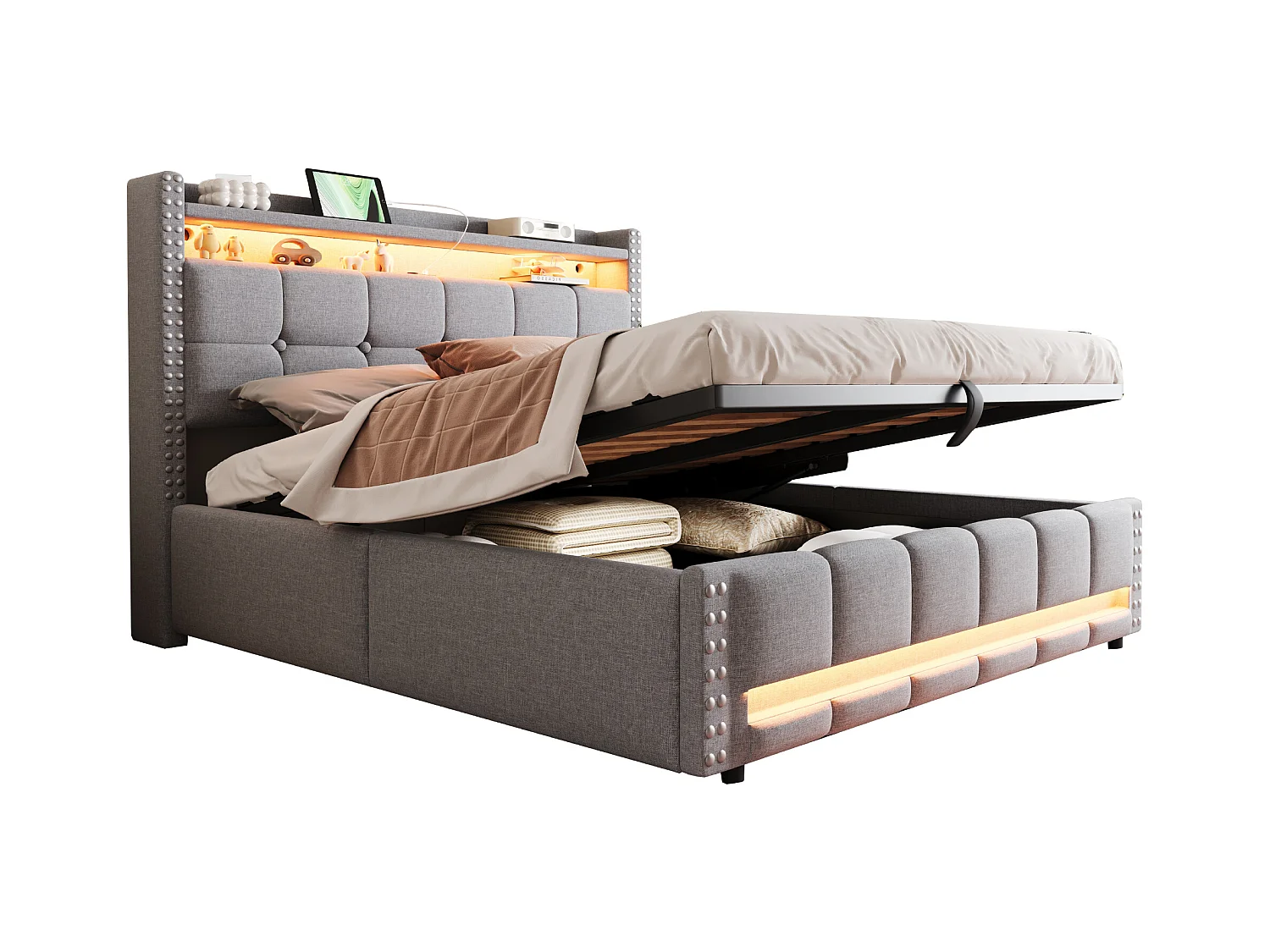 Łóżko tapicerowane podwójne ze schowkiem - 160 x 200 cm - LED + Zagłówek z USB - Tkanina lniana - Jasnoszary