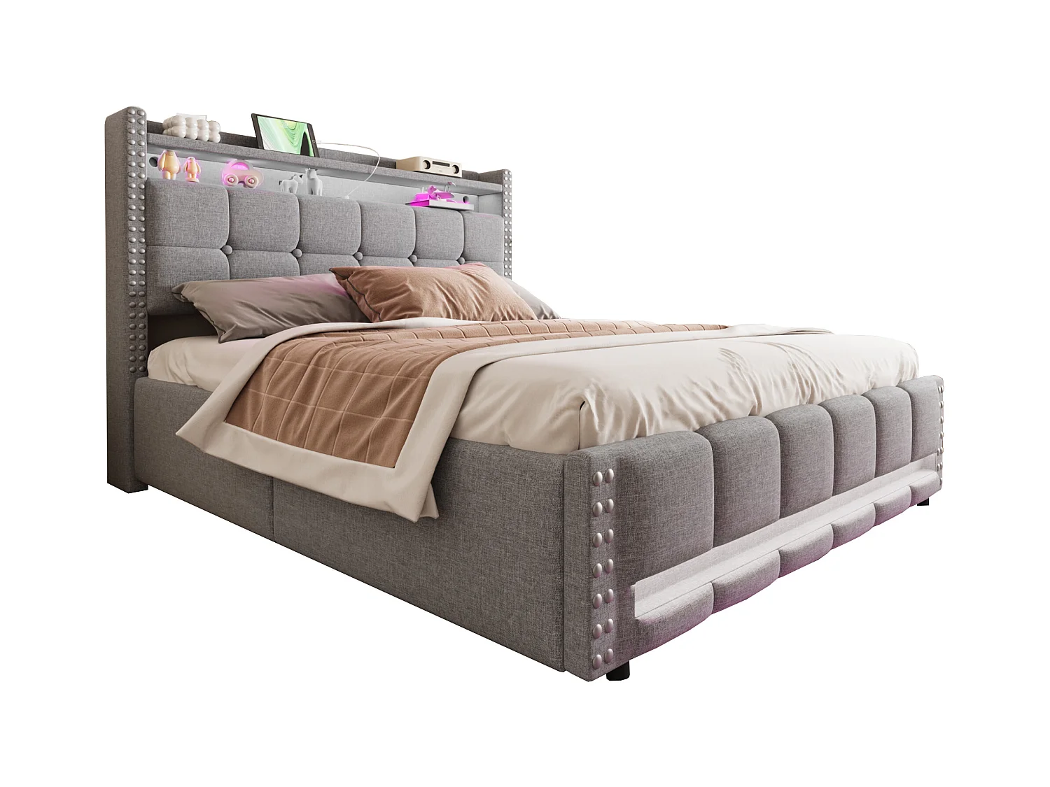 Łóżko tapicerowane podwójne ze schowkiem - 160 x 200 cm - LED + Zagłówek z USB - Tkanina lniana - Jasnoszary