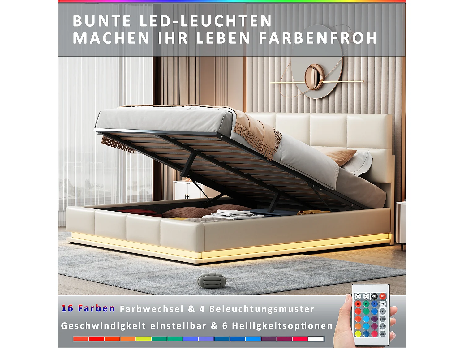 Lit coffre double rembourré - 180 x 200 cm - Tête + Leds - Cuir PU - Beige