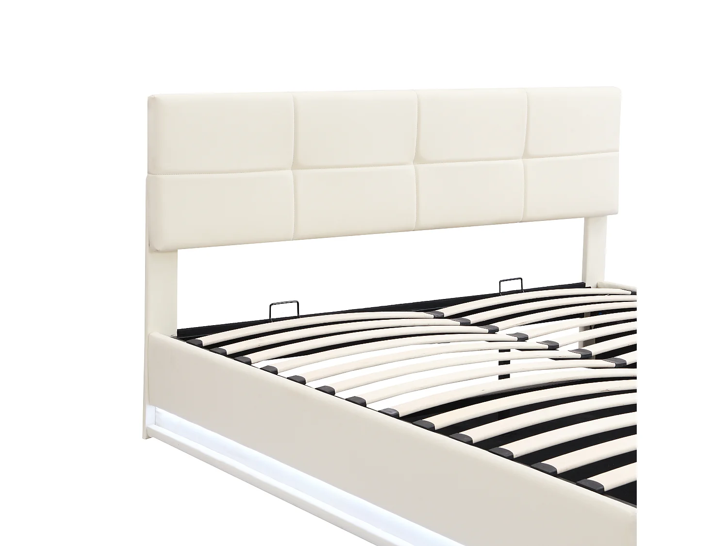 Lit coffre double rembourré - 180 x 200 cm - Tête + Leds - Cuir PU - Beige