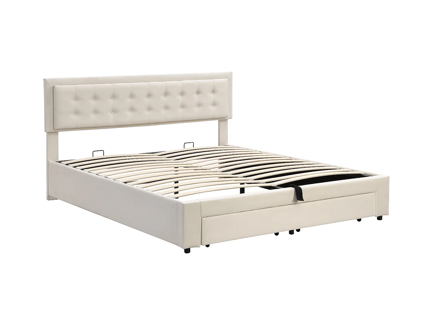 Gestoffeerd tweepersoonsbed met opbergruimte - 160 x 200 cm - met lade - fluwelen stof - beige