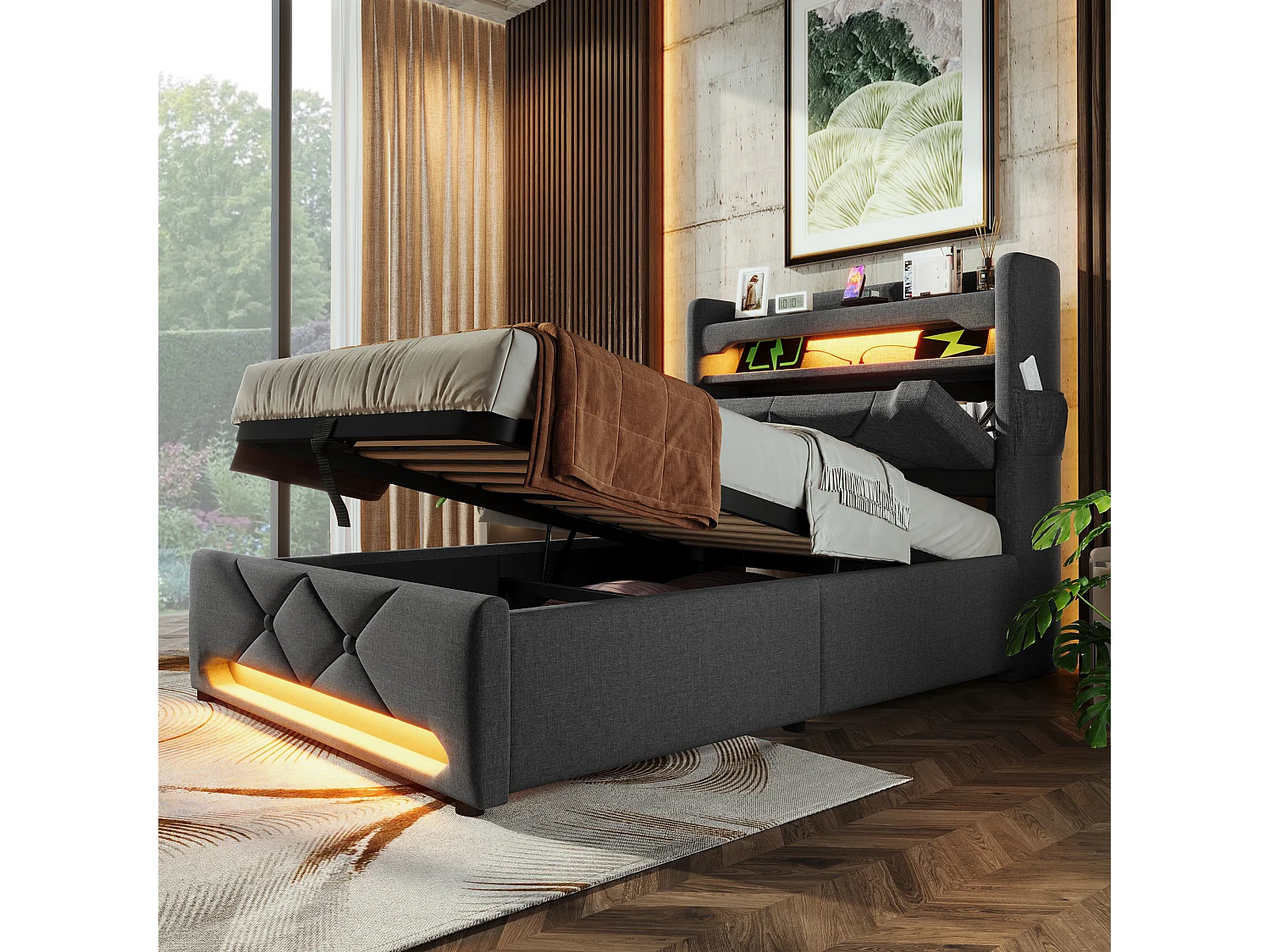 Cama individual tapizada con canapé - 90 x 200 cm - LED 360° + Cabecero con USB y Tipo C - Tejido de lino - Gris