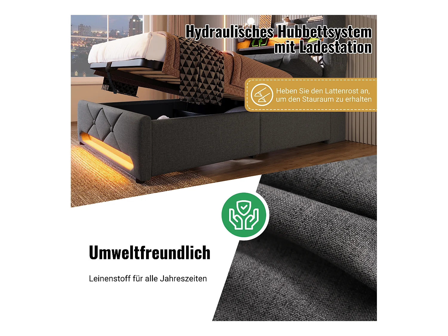 Cama individual tapizada con canapé - 90 x 200 cm - LED 360° + Cabecero con USB y Tipo C - Tejido de lino - Gris