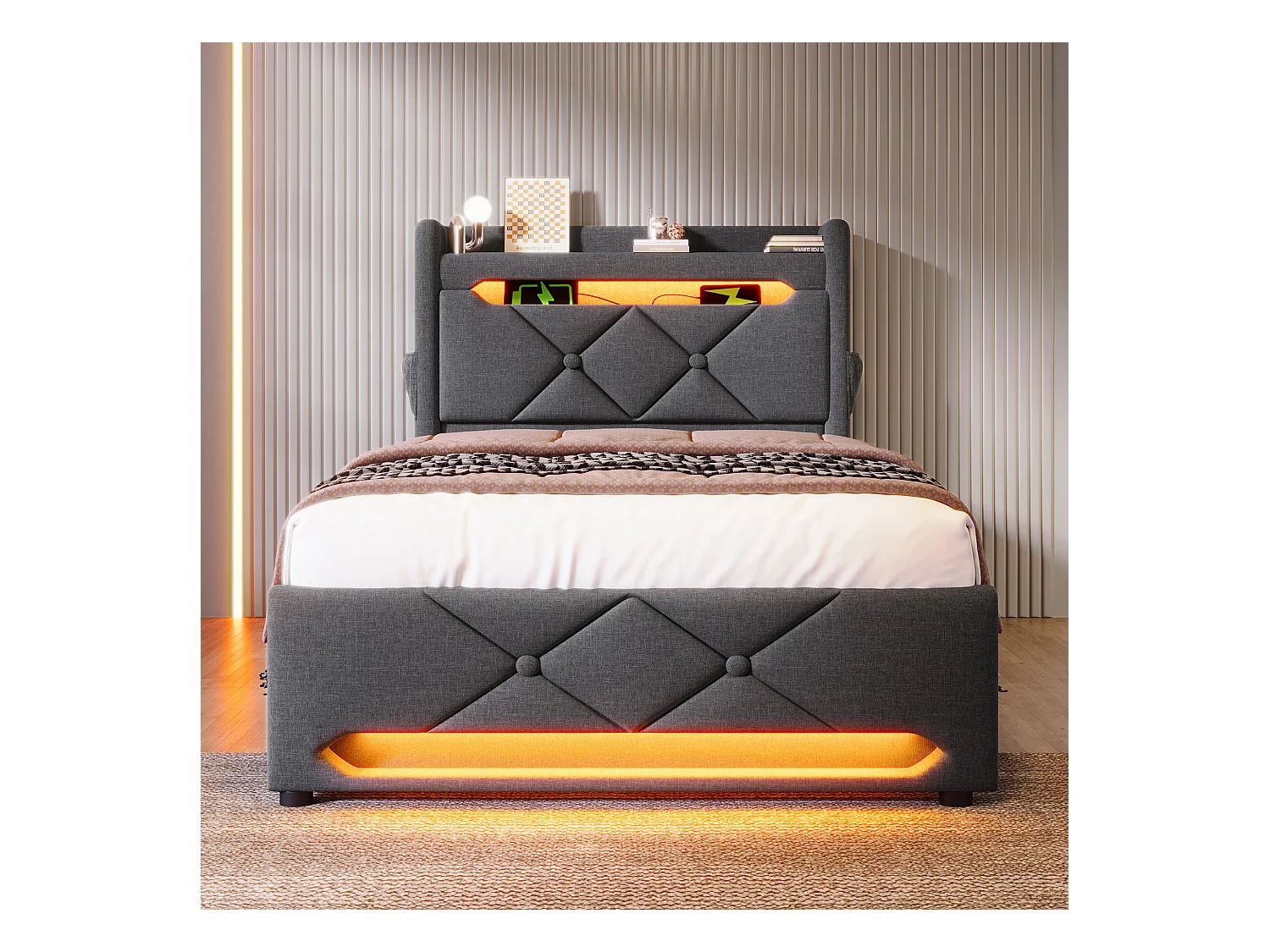 Cama individual tapizada con canapé - 90 x 200 cm - LED 360° + Cabecero con USB y Tipo C - Tejido de lino - Gris