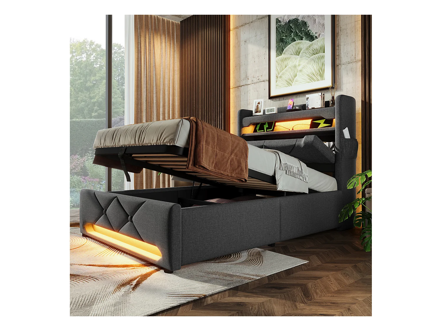 Gepolstertes Einzelbett mit Stauraum – 90 x 200 cm – 360°-LEDs + Kopfteil mit USB und Typ C – Leinenstoff – grau