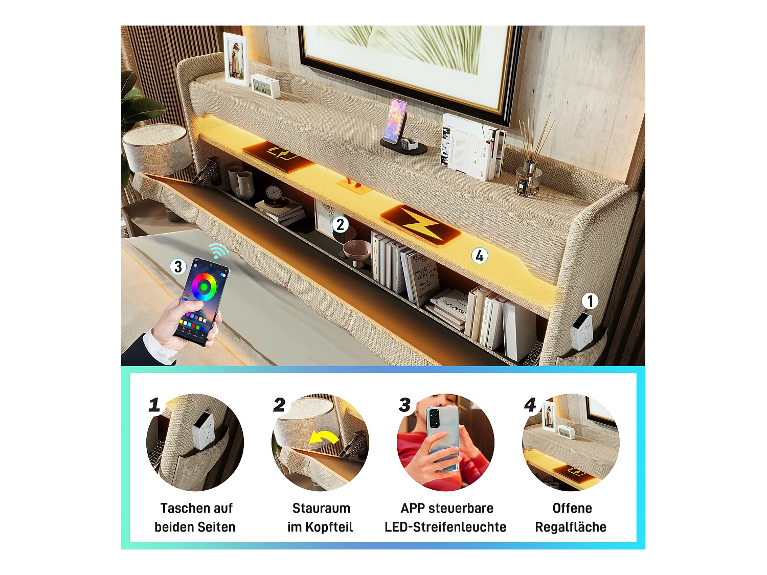 Gestoffeerd tweepersoonsbed met opbergruimte - 180 x 200 cm - 360° LED's + Hoofdbord met USB en Type C - linnen stof - beige