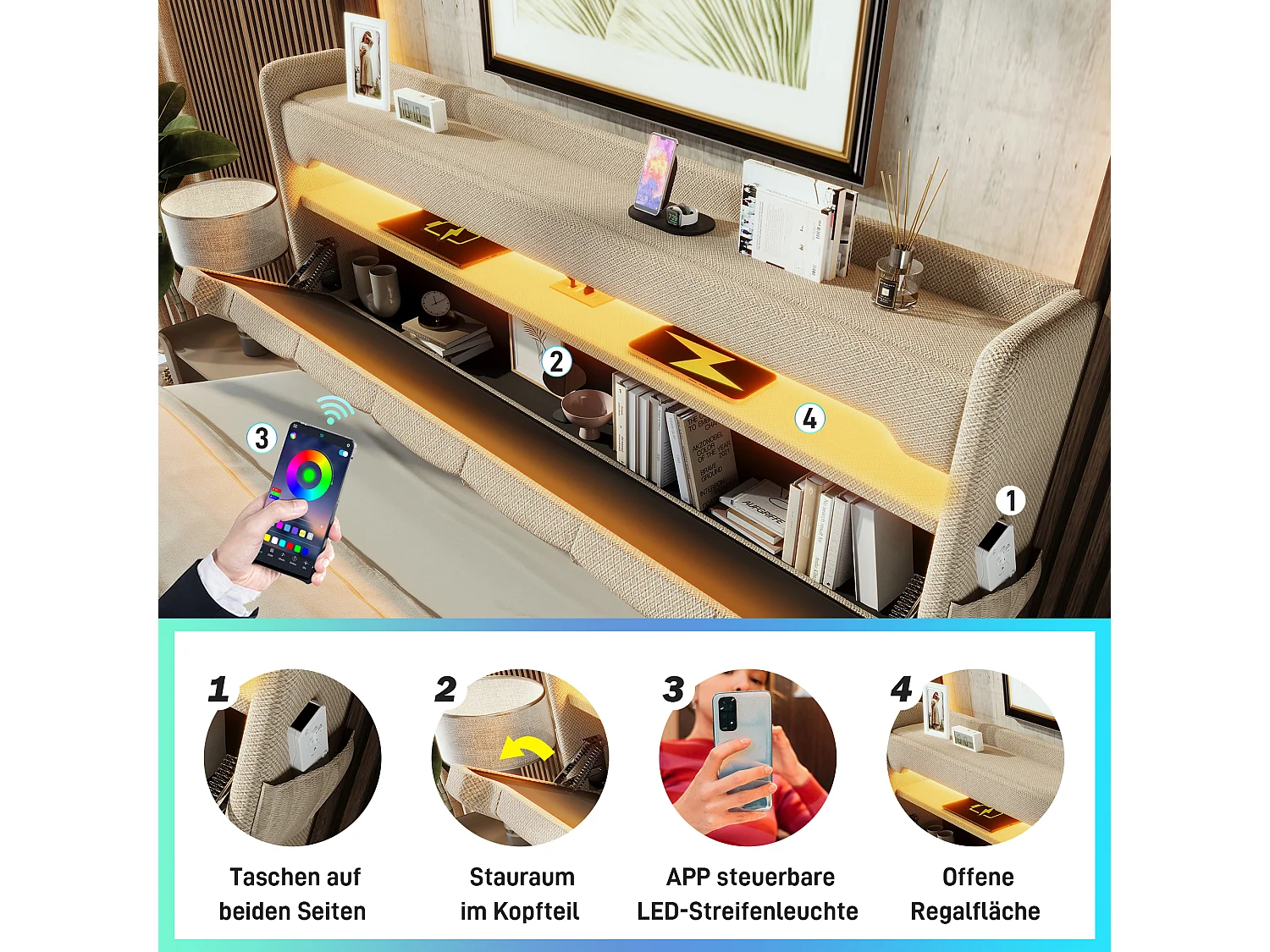 Lit coffre double rembourré - 180 x 200 cm - Leds 360° + Tête de lit avec USB et Type C - tissu lin - beige