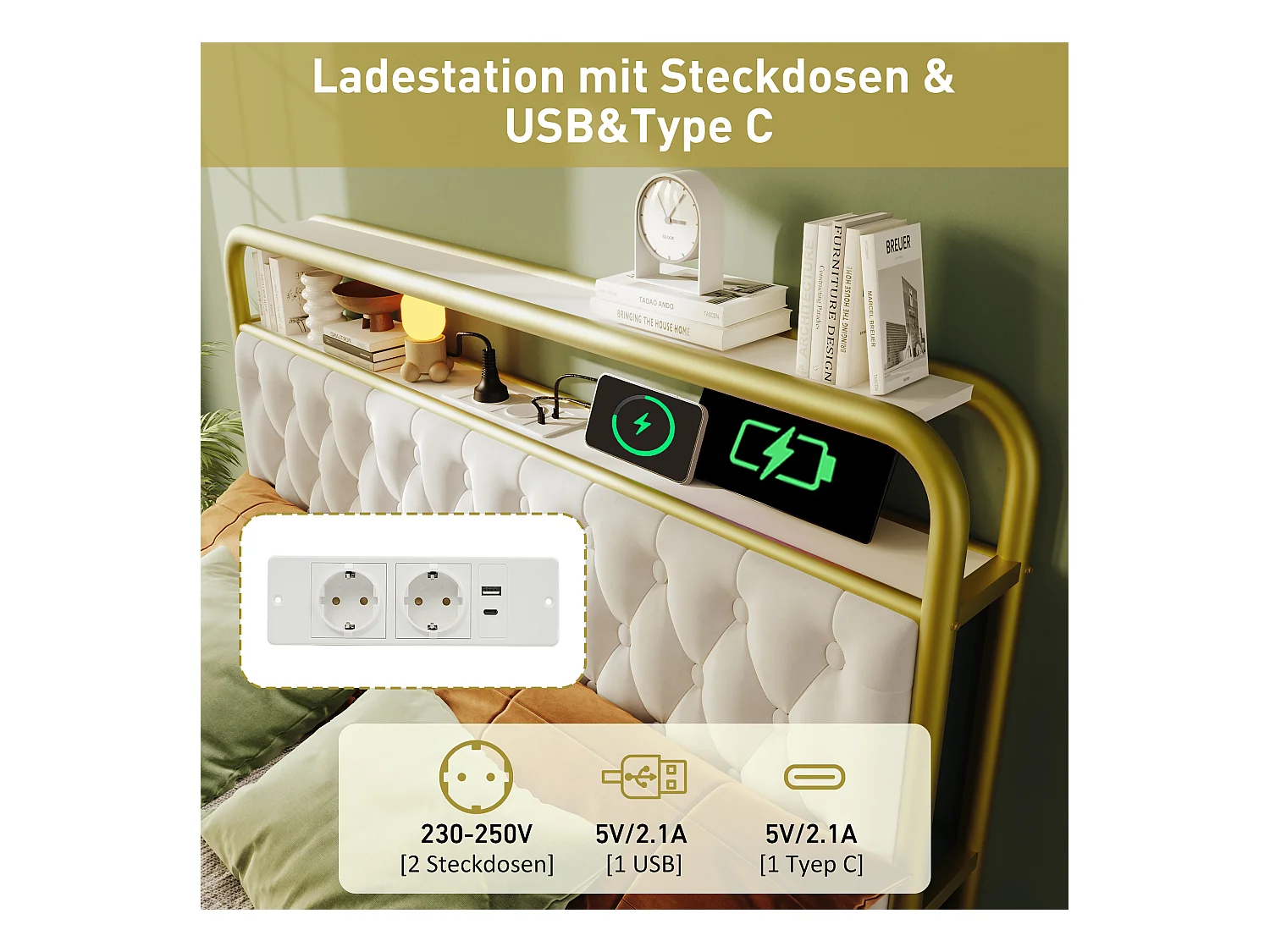 Lit coffre double rembourré - 140 x 200 cm - Matelas + Leds + 4 tiroirs + Tête de lit avec USB - Velours - Blanc