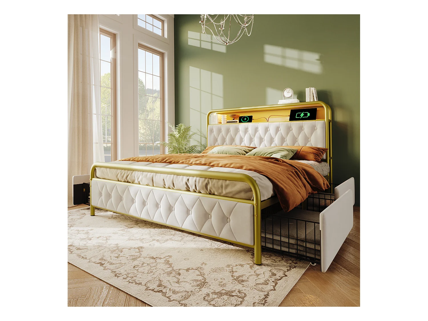 Lit coffre double rembourré - 140 x 200 cm - Matelas + Leds + 4 tiroirs + Tête de lit avec USB - Velours - Blanc