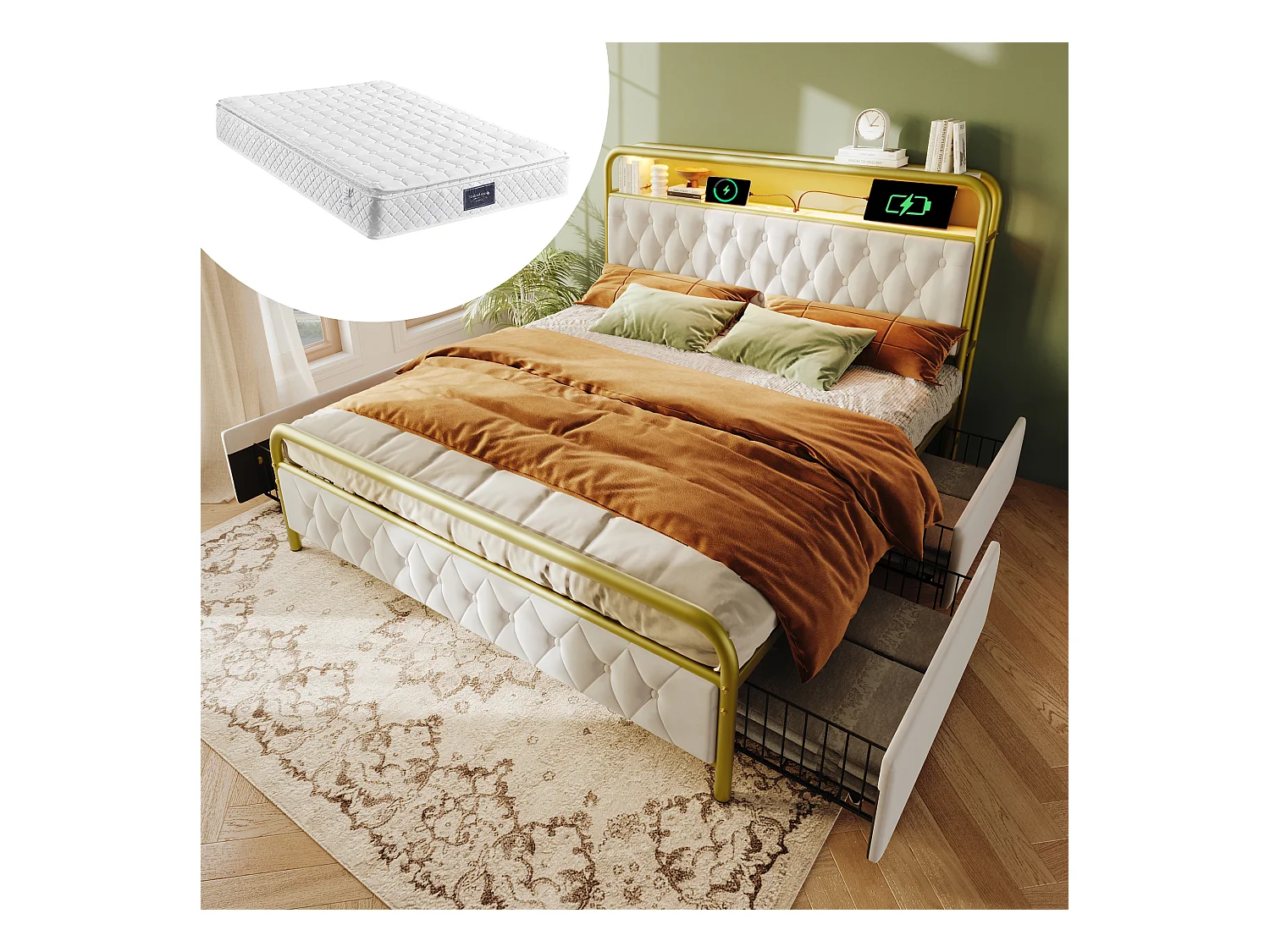 Lit coffre double rembourré - 140 x 200 cm - Matelas + Leds + 4 tiroirs + Tête de lit avec USB - Velours - Blanc
