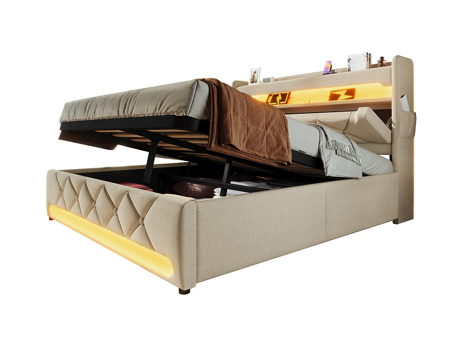 Lit coffre double rembourré - 140 x 200 cm - Leds 360° + Tête de lit avec USB et Type C - tissu lin - beige