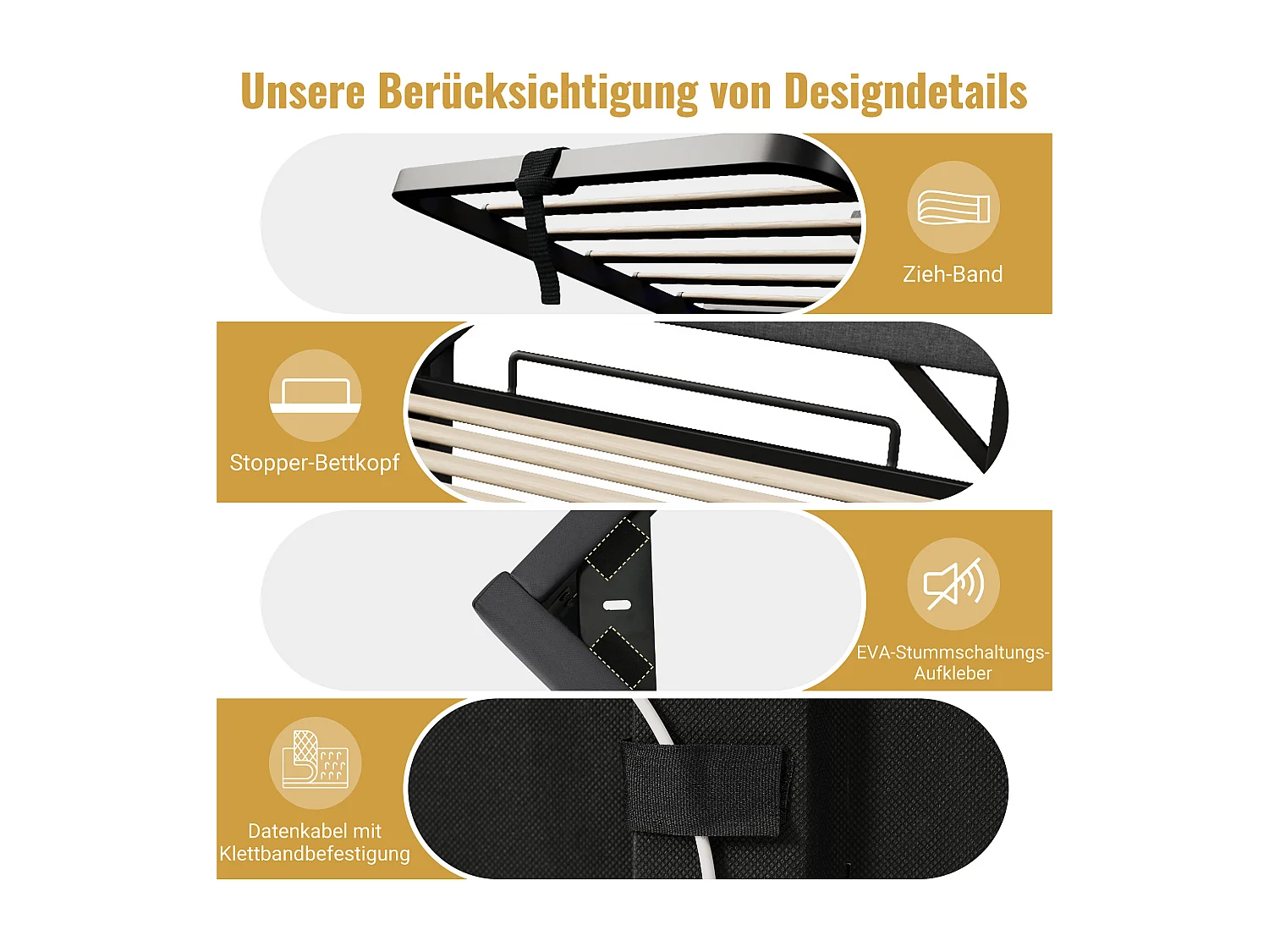 Gepolstertes Doppelbett mit Stauraum – 140 x 200 cm – 360° LEDs + Kopfteil mit USB und Typ C – Leinenstoff – Beige