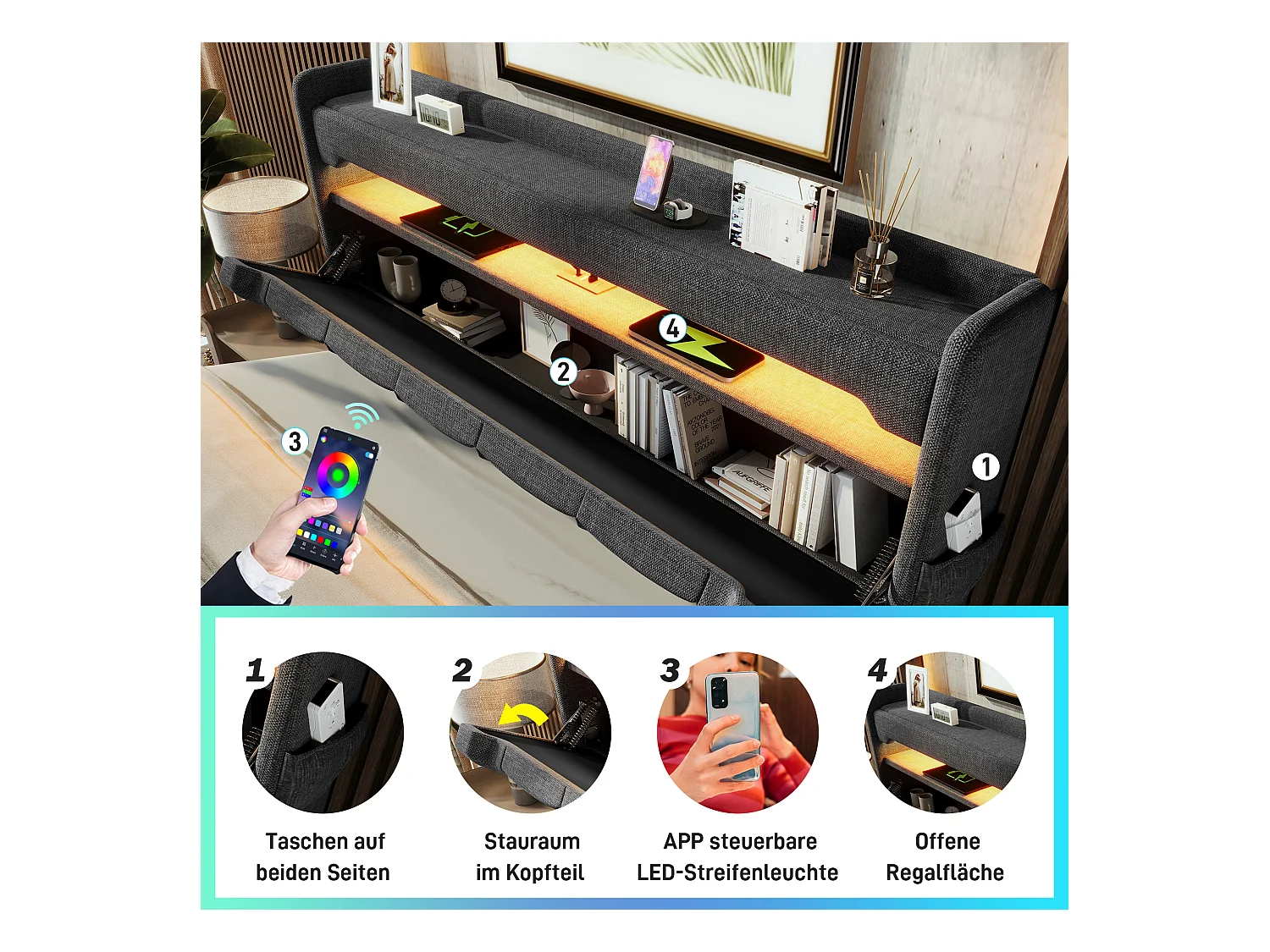 Lit coffre double rembourré - 140 x 200 cm - Leds 360° + Tête de lit avec USB et Type C - tissu lin - gris