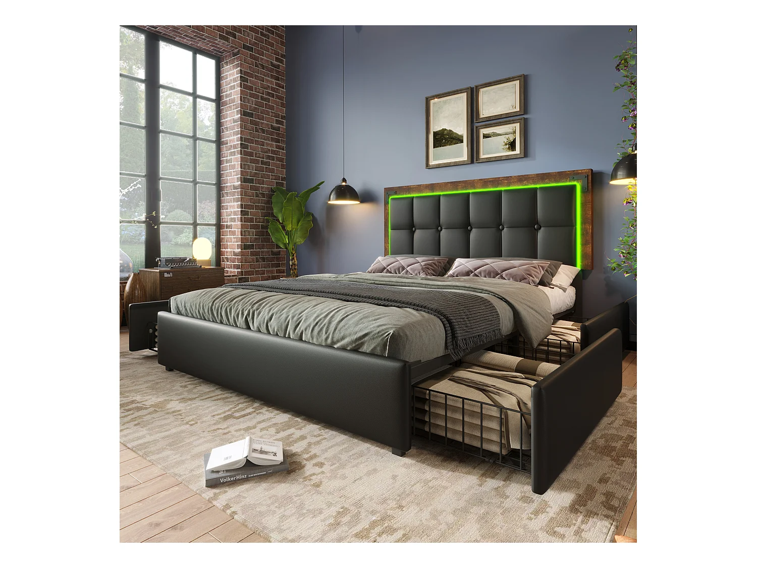 Letto contenitore matrimoniale imbottito - 160 x 200 cm - Materasso + LED + 4 cassetti + Testiera regolabile - Pelle PU - Nero