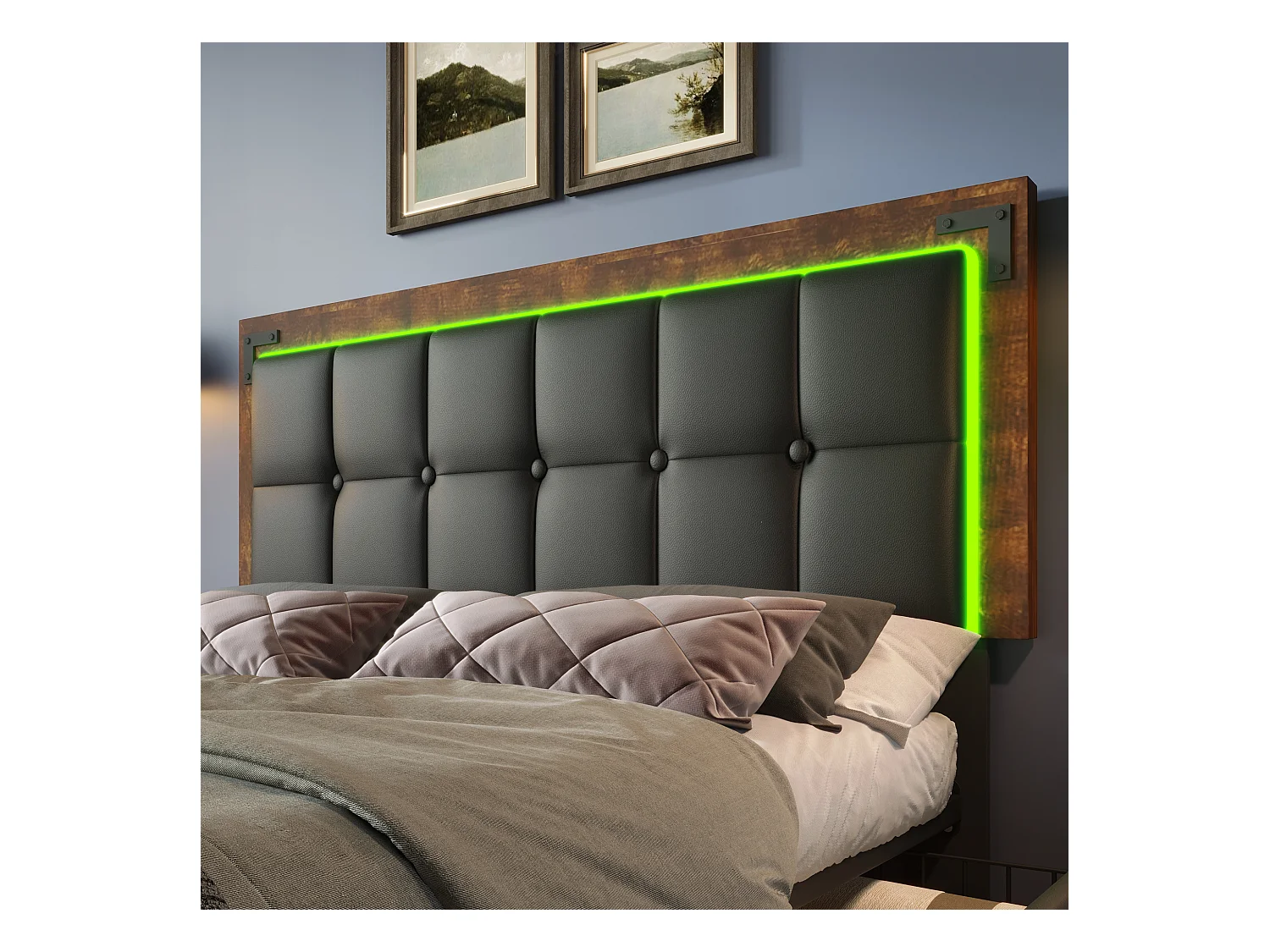 Letto contenitore matrimoniale imbottito - 160 x 200 cm - Materasso + LED + 4 cassetti + Testiera regolabile - Pelle PU - Nero