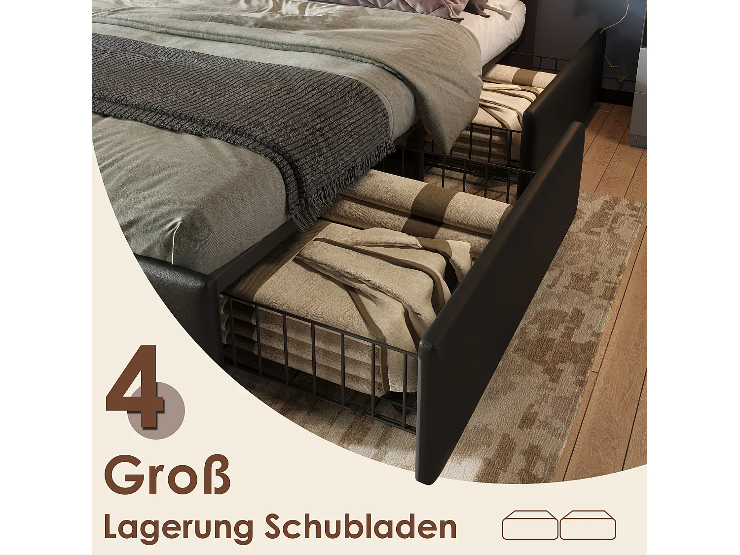 Lit coffre double rembourré - 160 x 200 cm - Matelas + Leds + 4 tiroirs + Tête de lit réglable - Cuir PU - Noir