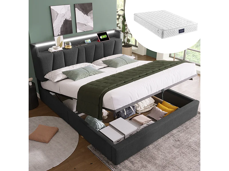 Łóżko tapicerowane dwuosobowe ze schowkiem - 140 x 200 cm - Materac - LED + Zagłówek z USB - Tkanina lniana - Szary