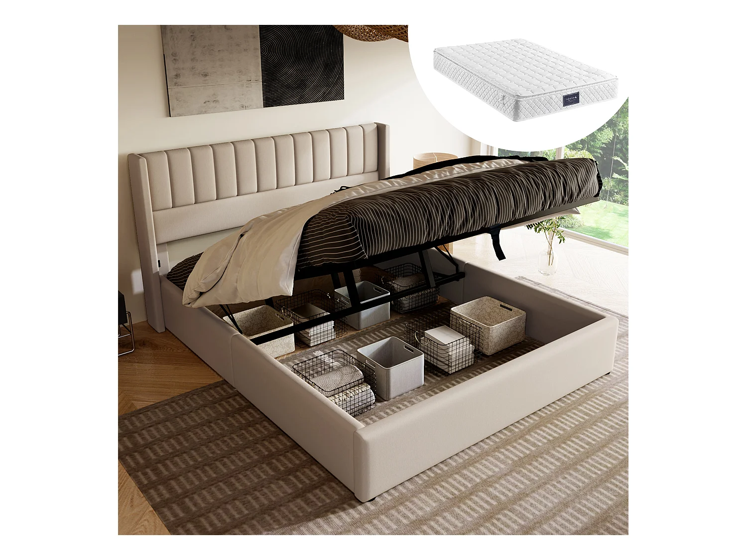 Lit coffre double rembourré - 160 x 200 cm - Matelas + Tête de lit - bois massif + lin + métal - Beige