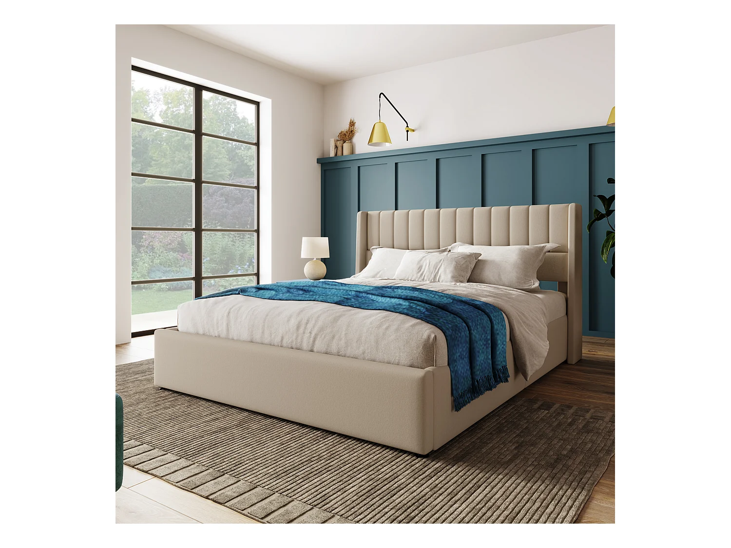 Lit coffre double rembourré - 160 x 200 cm - Matelas + Tête de lit - bois massif + lin + métal - Beige