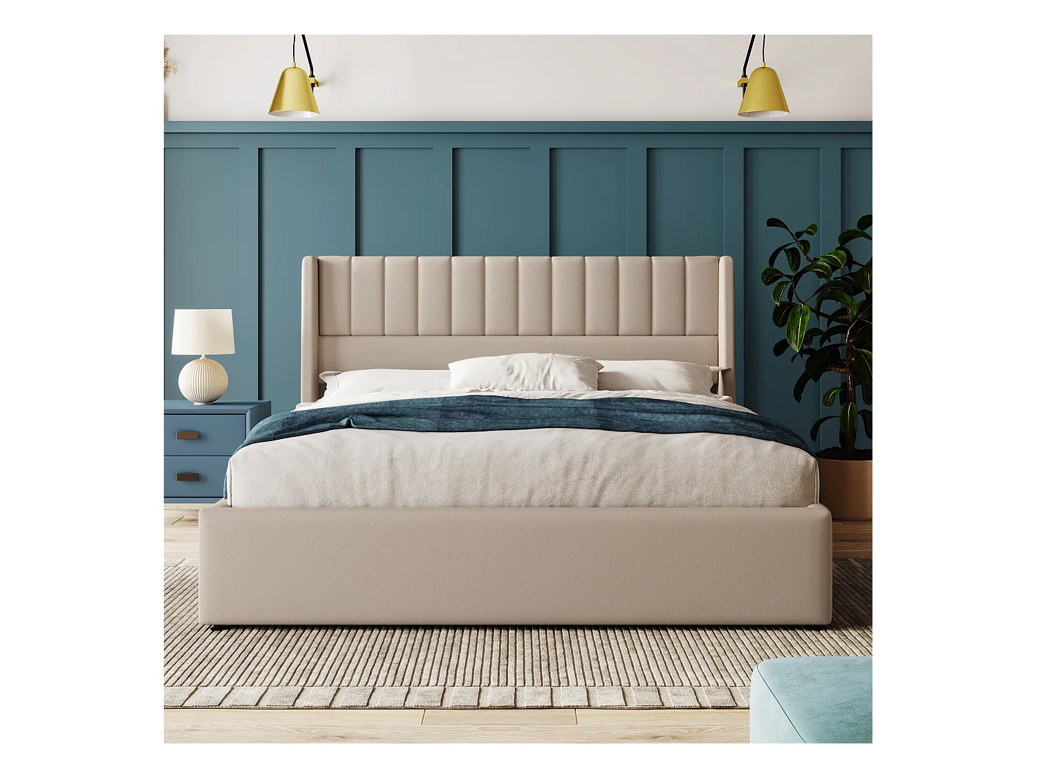 Lit coffre double rembourré - 160 x 200 cm - Matelas + Tête de lit - bois massif + lin + métal - Beige
