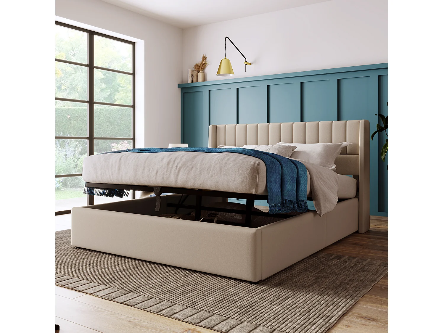 Lit coffre double rembourré - 160 x 200 cm - Matelas + Tête de lit - bois massif + lin + métal - Beige