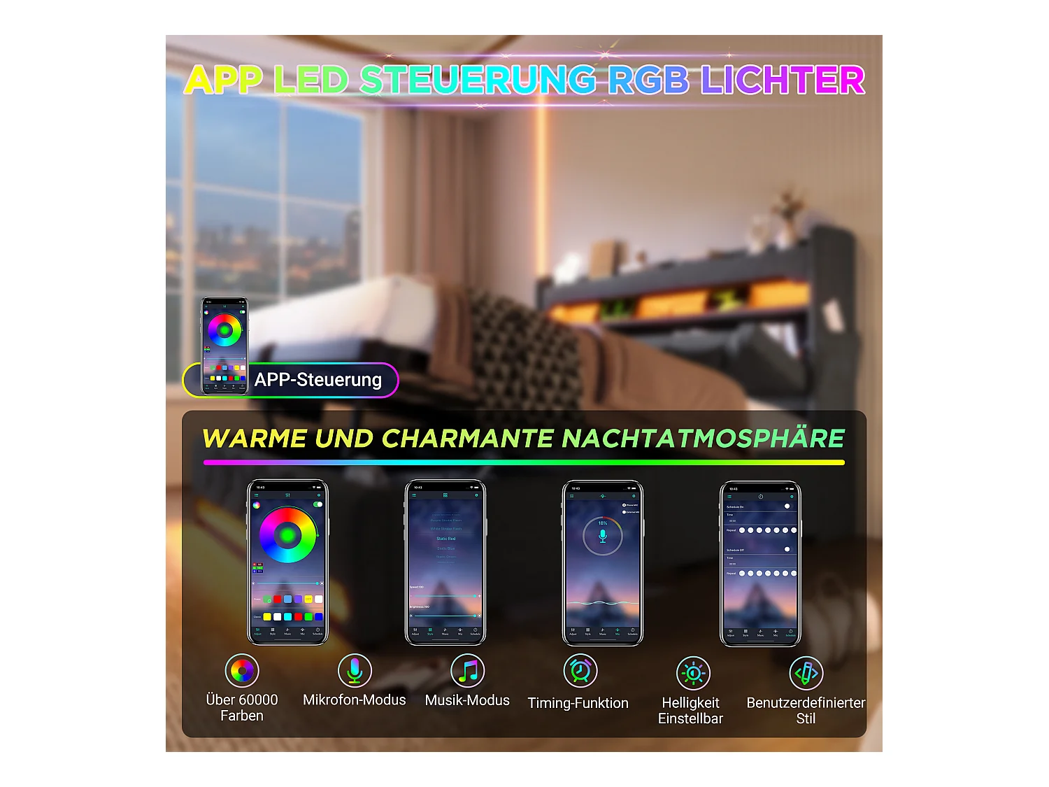 Lit coffre double rembourré - 160 x 200 cm - Leds 360° + Tête de lit avec USB et Type C - tissu lin - gris