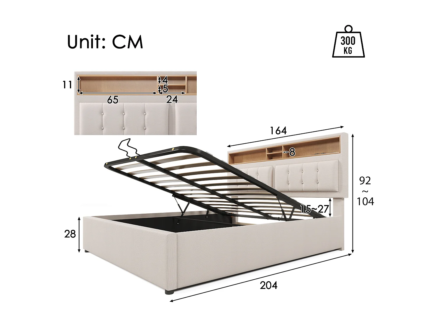 Lit coffre double rembourré - 160 x 200 cm - Matelas + Tête de lit avec USB - Tissu lin - Beige