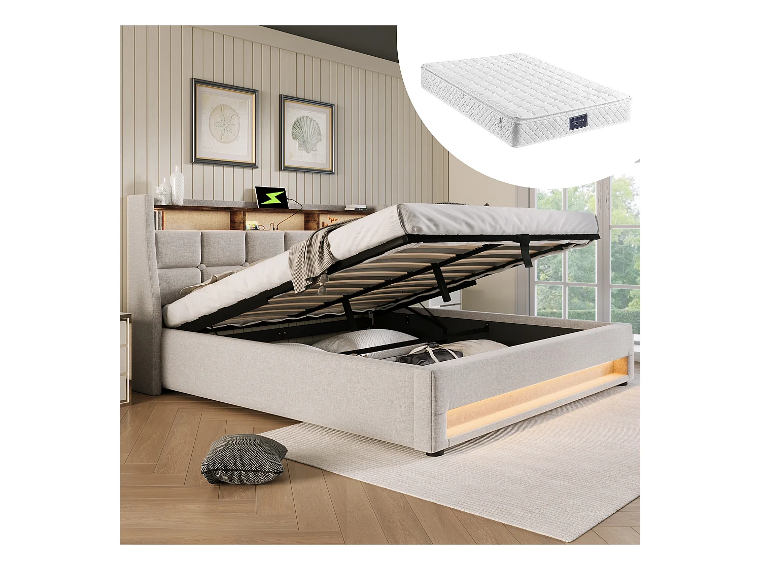 Gepolstertes Stauraumbett für Jugendliche - 140 x 200 cm - Matratze + LEDs + Kopfteil mit USB - Leinenstoff - Beige