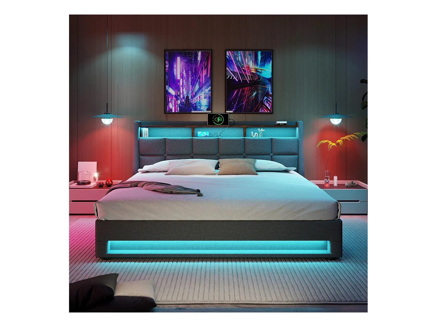 Łóżko tapicerowane z pojemnikiem dla młodzieży - 160 x 200 cm - Materac + LEDy + Zagłówek z USB - Tkanina lniana - szara