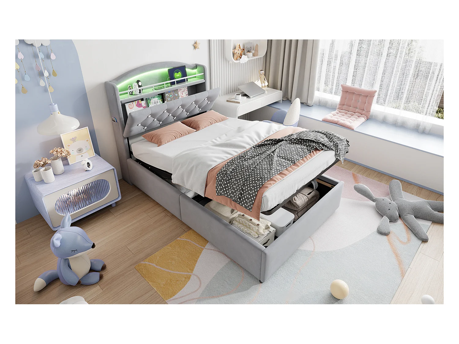 Lit coffre enfant rembourré - 90 x 200 cm - Leds + Tête avec USB - Velours - gris