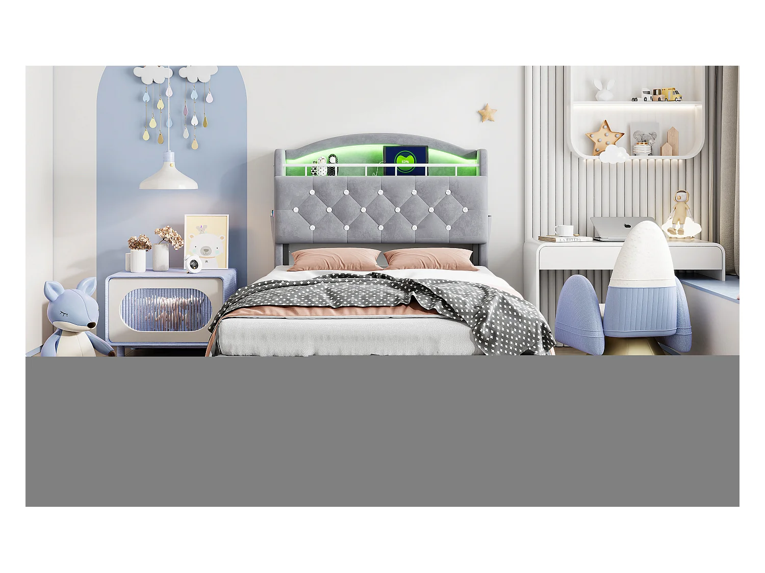 Lit coffre enfant rembourré - 90 x 200 cm - Leds + Tête avec USB - Velours - gris