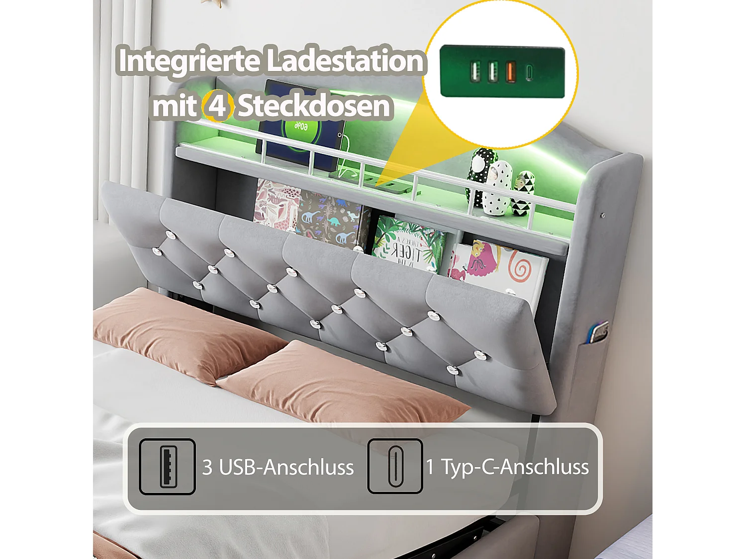 Lit coffre enfant rembourré - 90 x 200 cm - Leds + Tête avec USB - Velours - gris