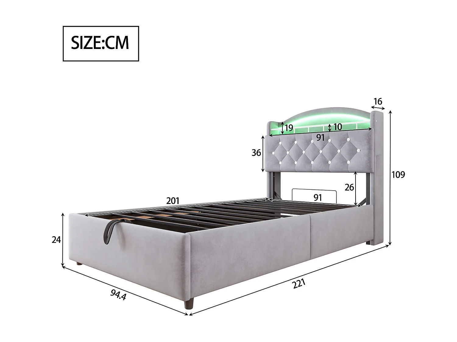 Lit coffre enfant rembourré - 90 x 200 cm - Leds + Tête avec USB - Velours - gris