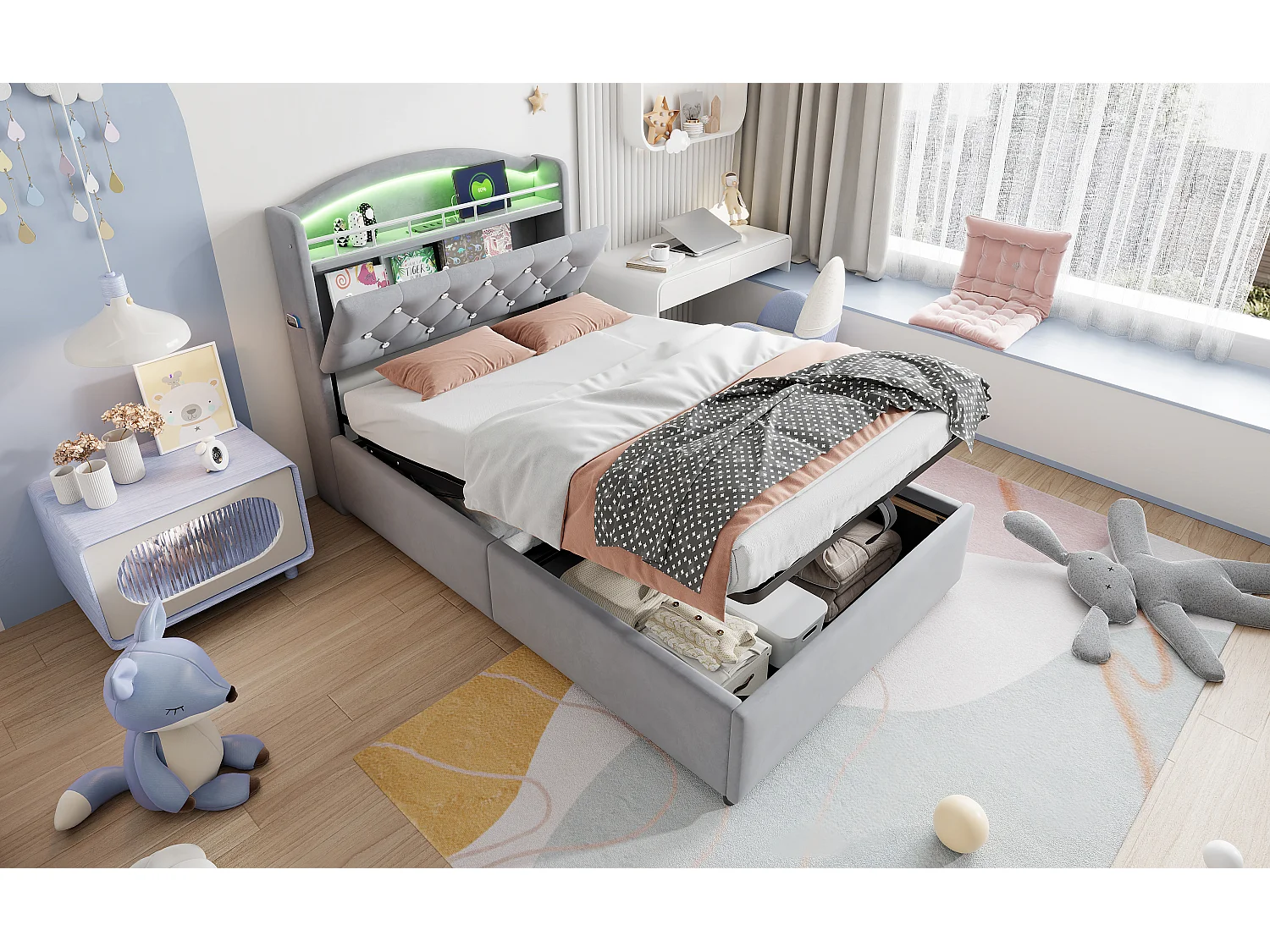 Lit coffre enfant rembourré - 90 x 200 cm - Leds + Tête avec USB - Velours - gris