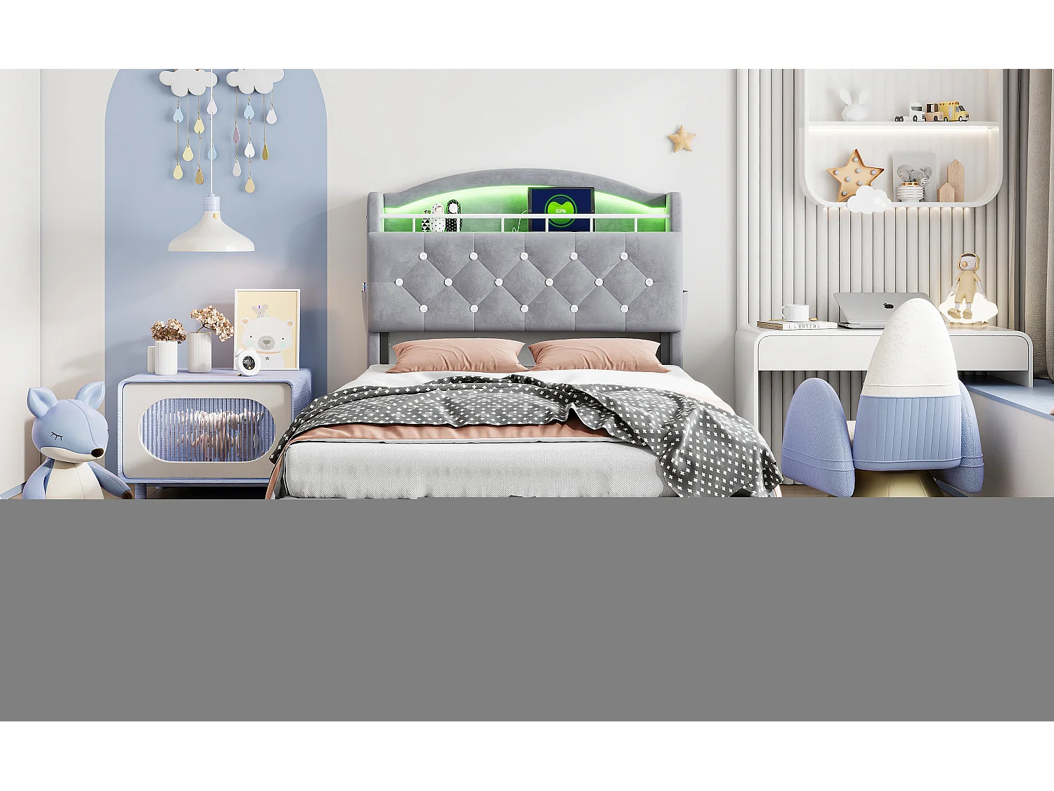 Lit coffre enfant rembourré - 90 x 200 cm - Leds + Tête avec USB - Velours - gris