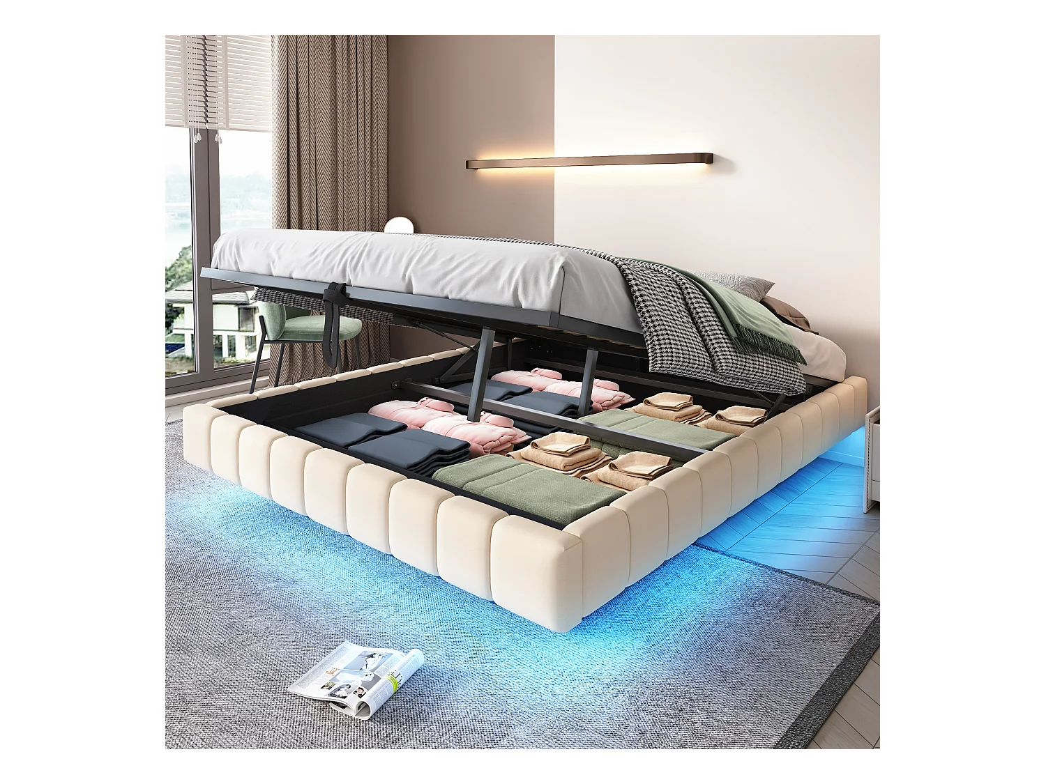 Lit coffre double rembourré - 160 x 200 cm - sans tête + Leds - Tissu lin - Beige