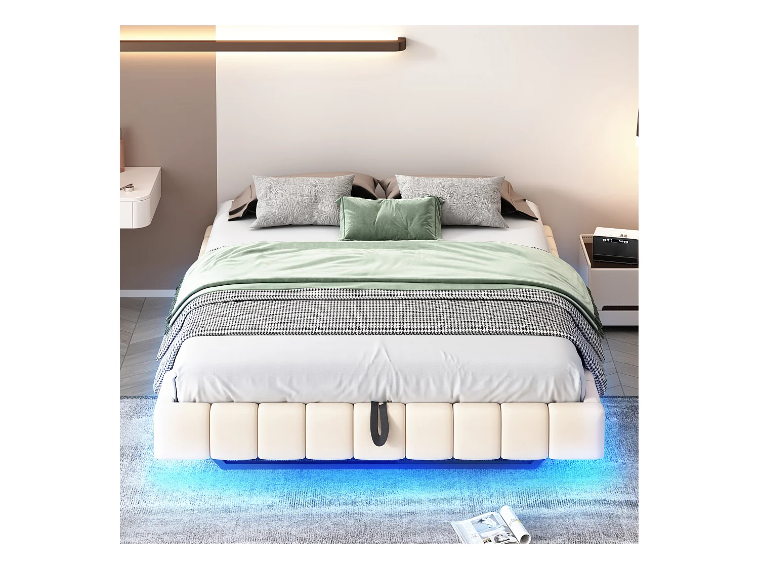 Lit coffre double rembourré - 160 x 200 cm - sans tête + Leds - Tissu lin - Beige