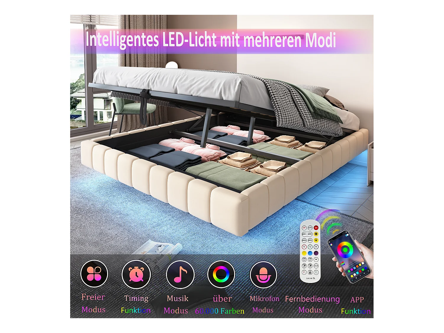 Lit coffre double rembourré - 160 x 200 cm - sans tête + Leds - Tissu lin - Beige