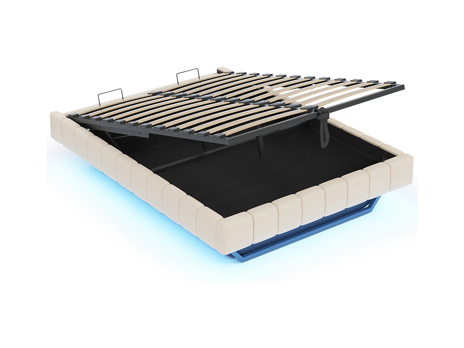 Lit coffre double rembourré - 160 x 200 cm - sans tête + Leds - Tissu lin - Beige