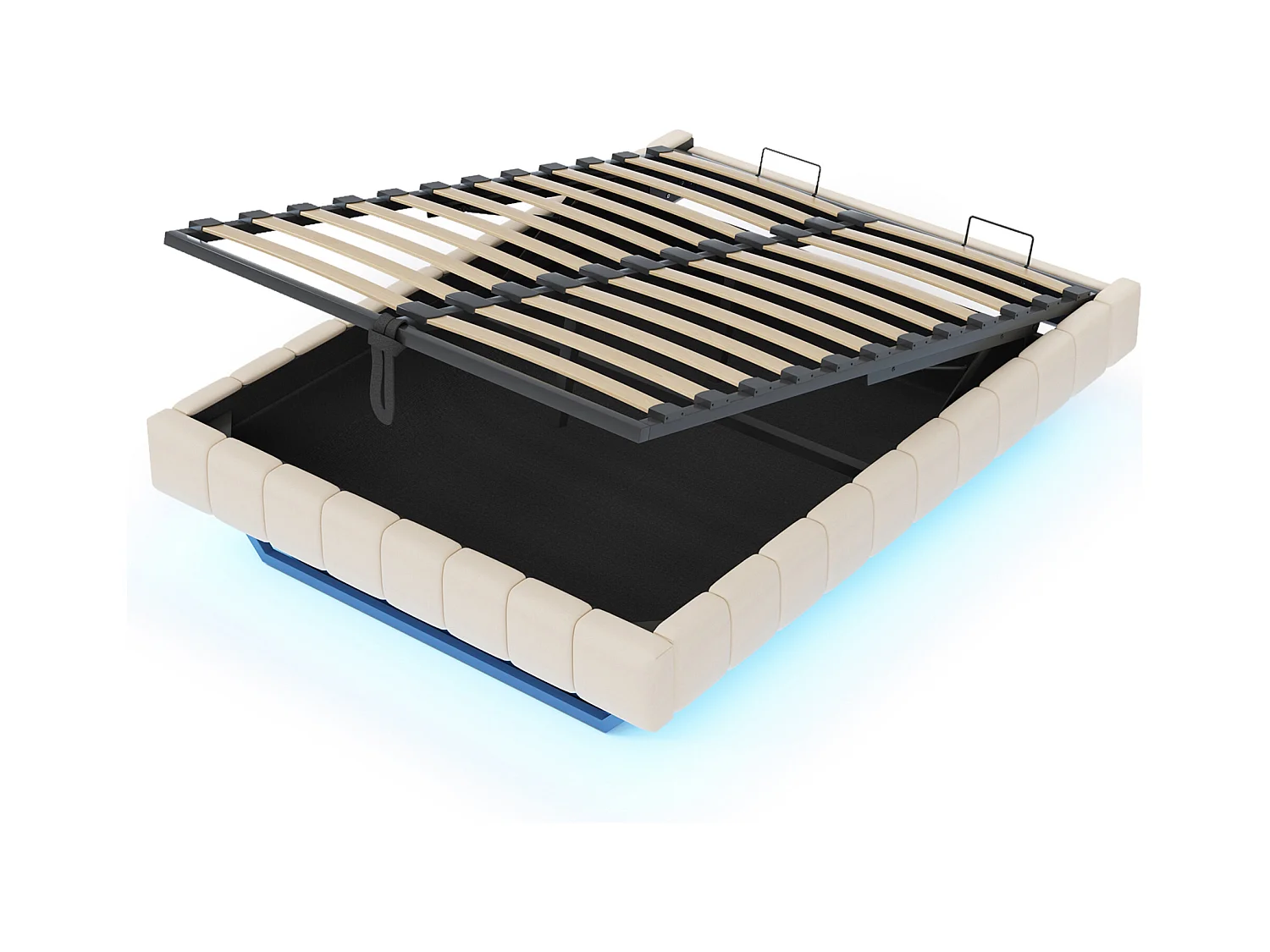 Lit coffre double rembourré - 160 x 200 cm - sans tête + Leds - Tissu lin - Beige