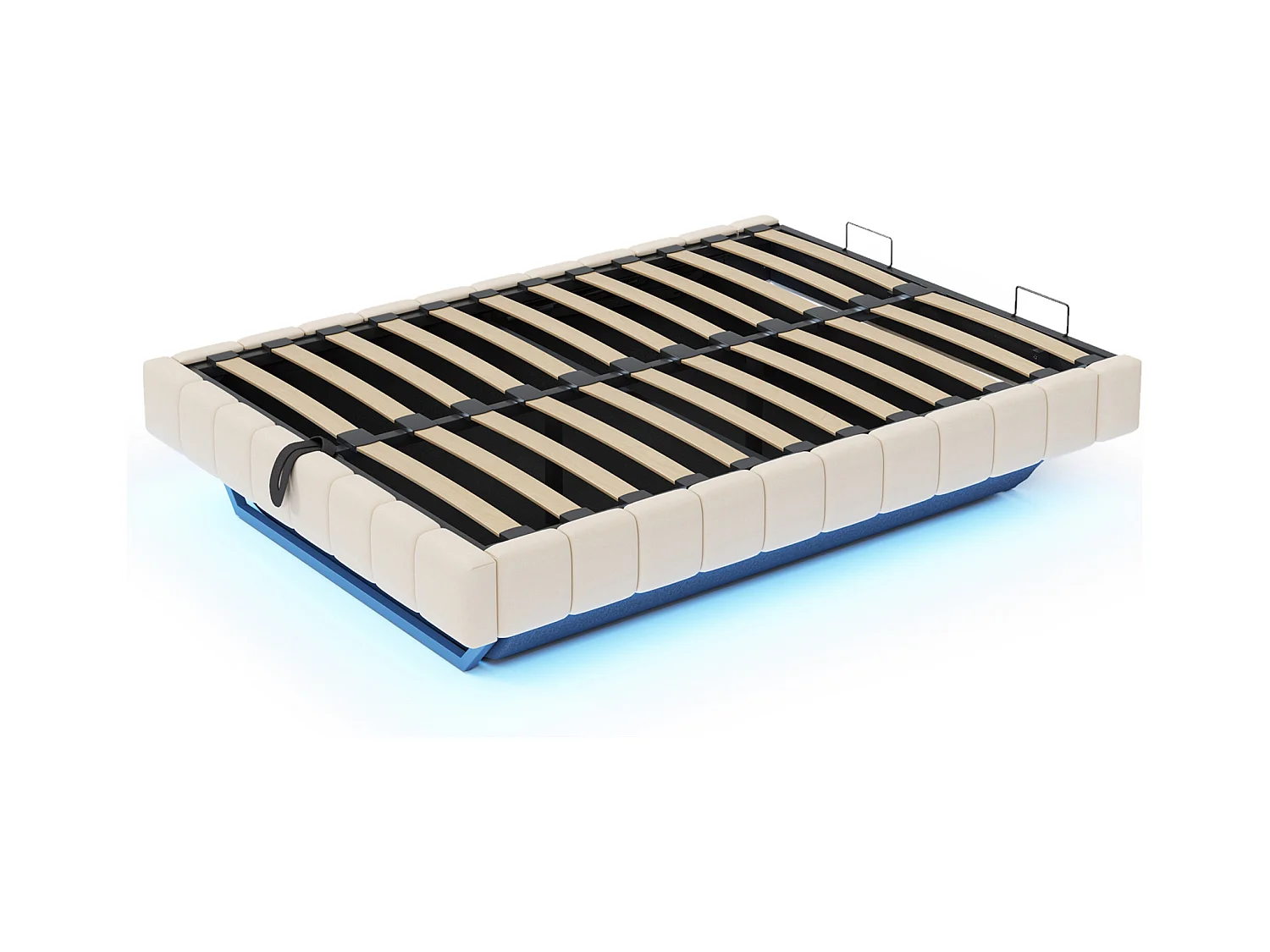 Lit coffre double rembourré - 160 x 200 cm - sans tête + Leds - Tissu lin - Beige