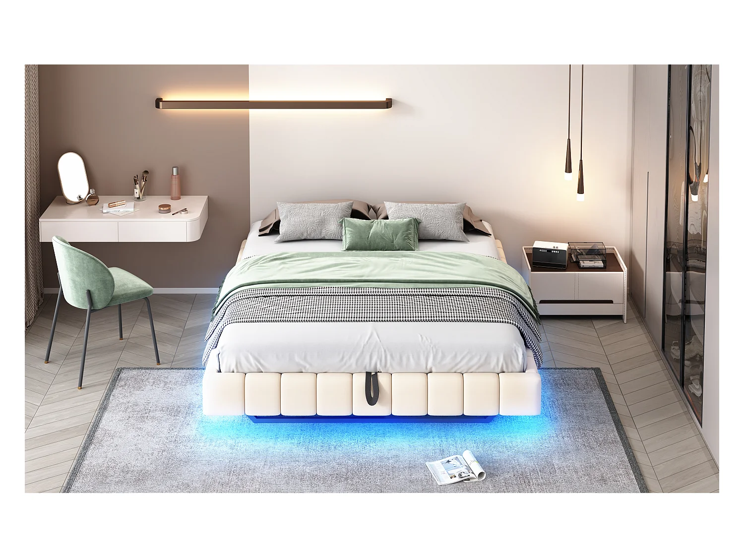 Lit coffre double rembourré - 160 x 200 cm - sans tête + Leds - Tissu lin - Beige