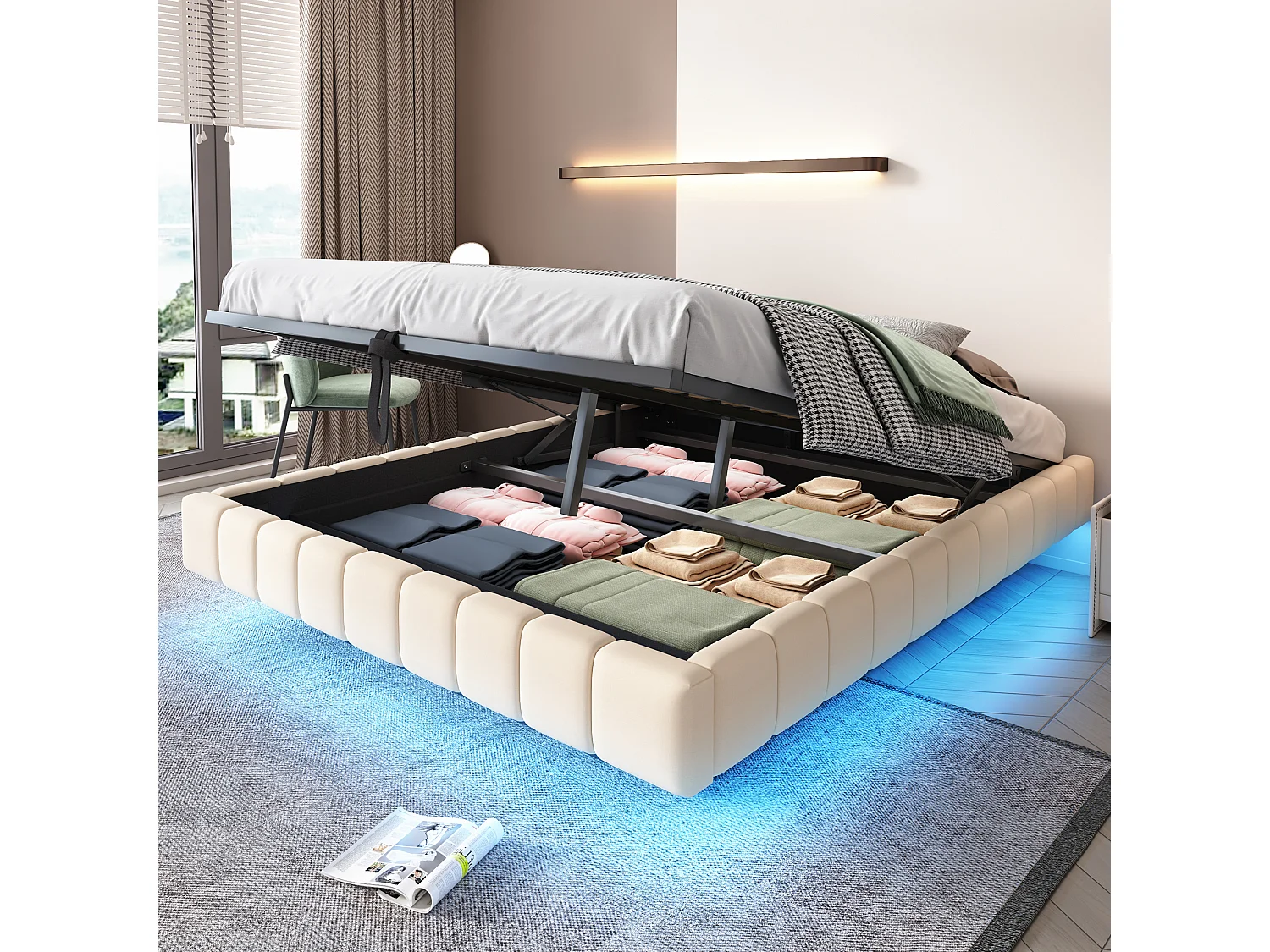 Lit coffre double rembourré - 160 x 200 cm - sans tête + Leds - Tissu lin - Beige