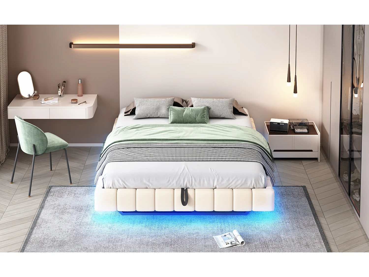 Lit coffre double rembourré - 160 x 200 cm - sans tête + Leds - Tissu lin - Beige