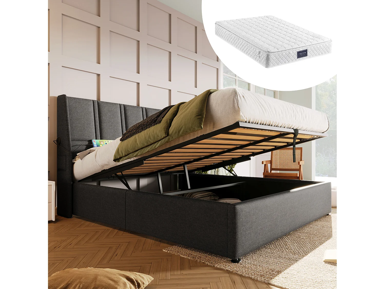 Łóżko tapicerowane dwuosobowe ze schowkiem - 140 x 200 cm - Materac + Zagłówek z USB - Tkanina lniana - Szary