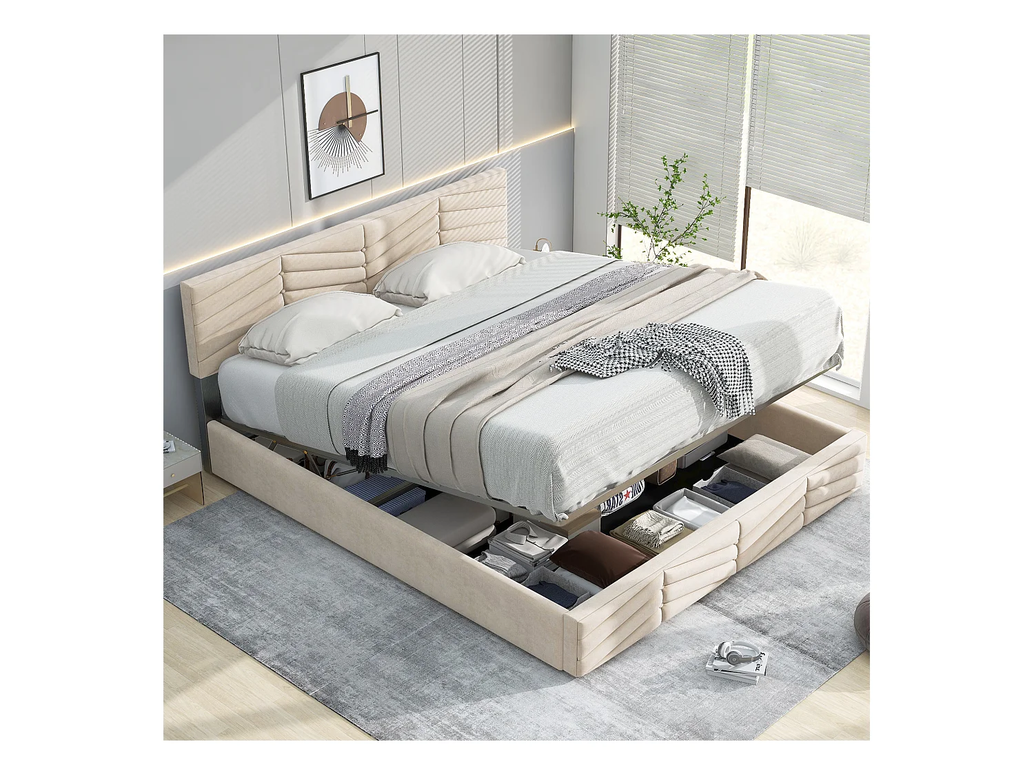 Lit coffre rembourré pour jeunes - 140 x 190 cm - tête de lit réglable - tissu velours - beige
