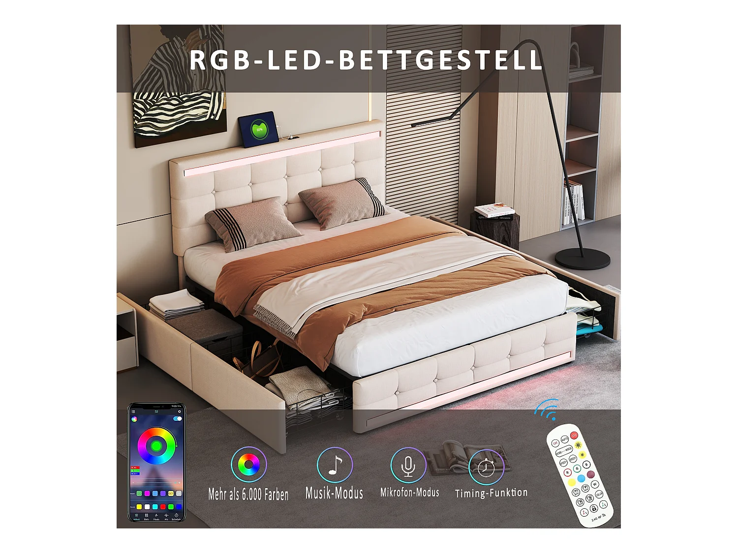 Lit coffre double rembourré - 140 x 200 cm - Leds + 4 tiroirs + Tête de lit avec USB - Tissu lin - Beige