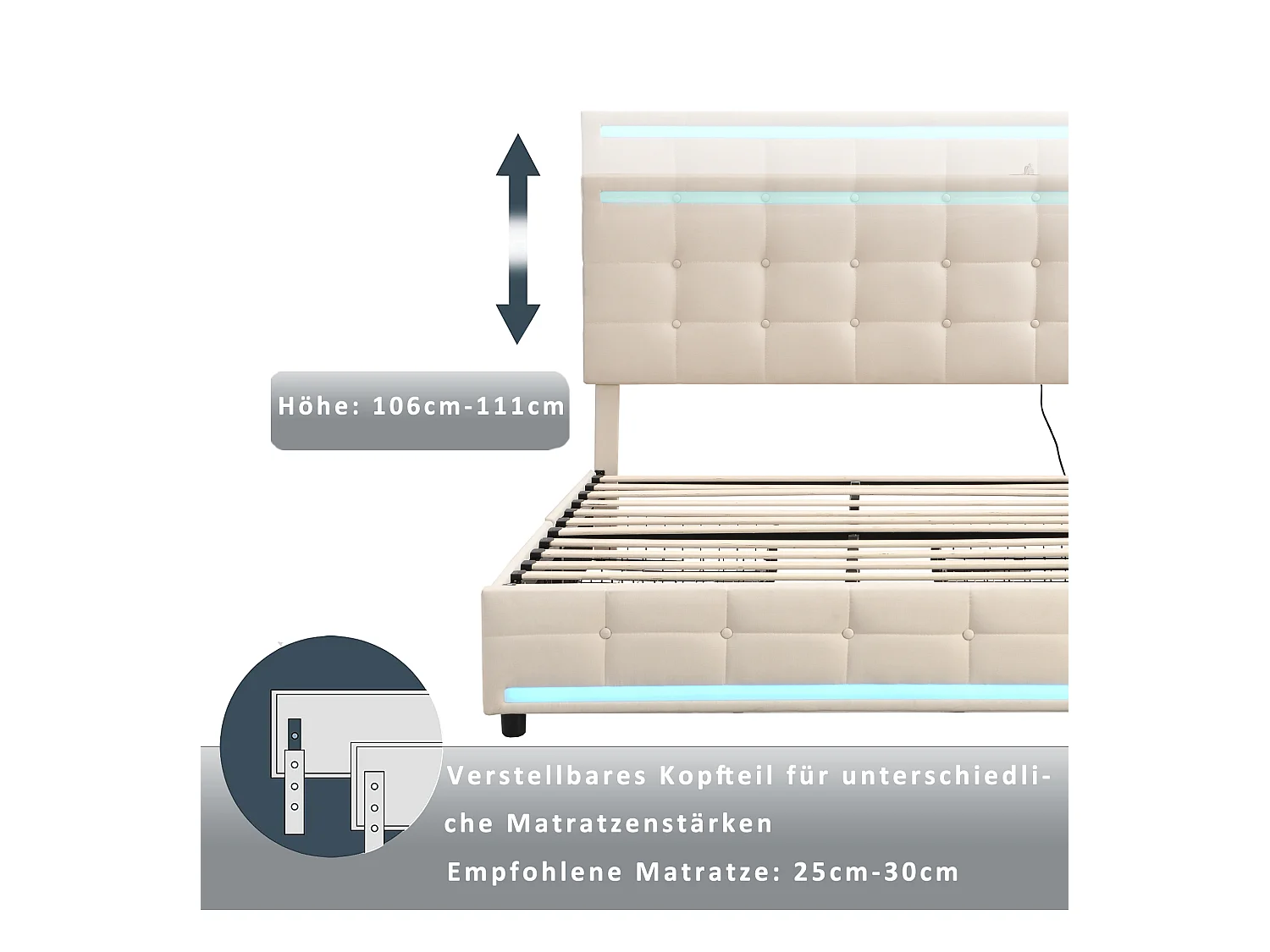 Lit coffre double rembourré - 140 x 200 cm - Leds + 4 tiroirs + Tête de lit avec USB - Tissu lin - Beige