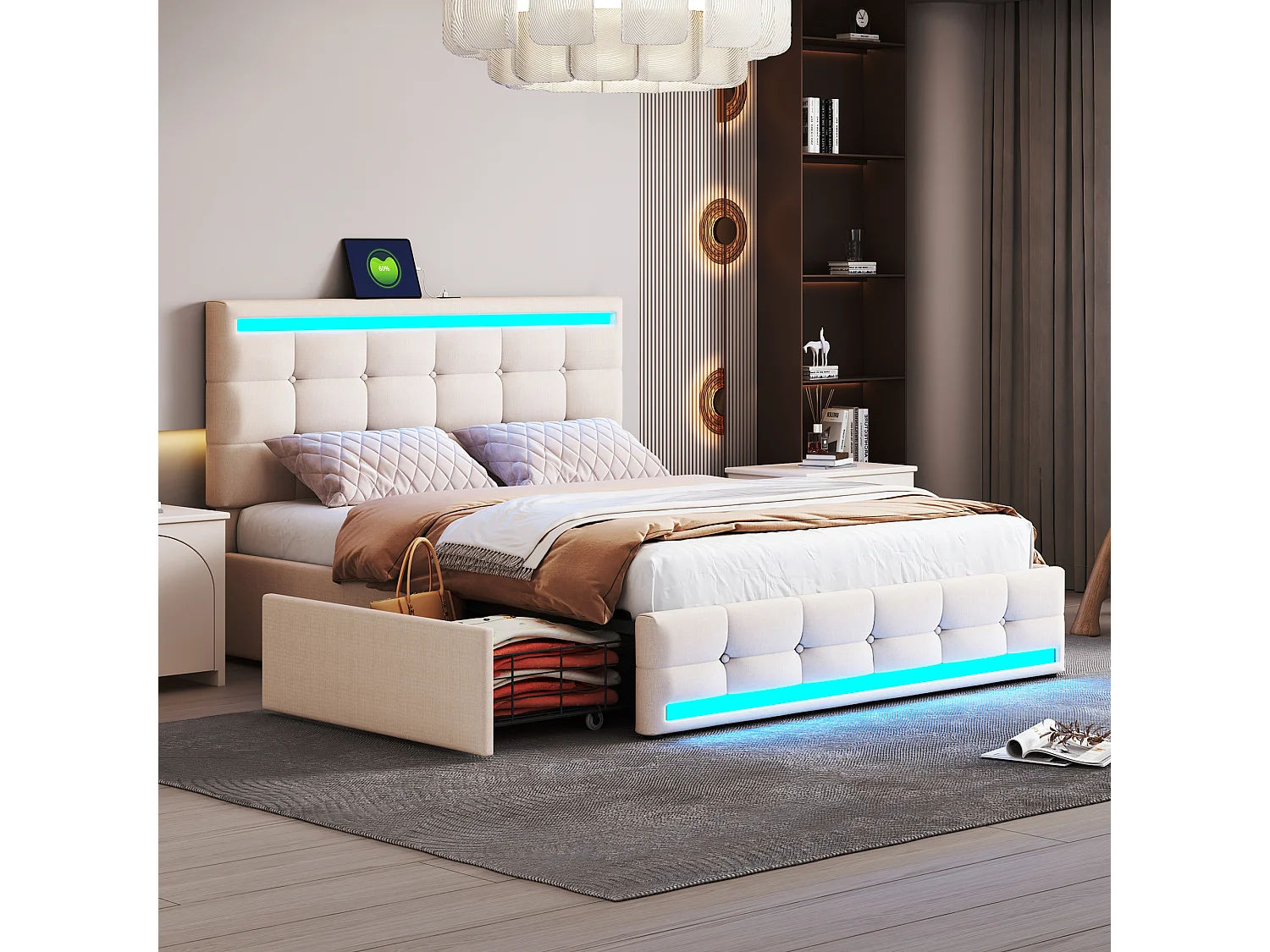 Lit coffre double rembourré - 140 x 200 cm - Leds + 4 tiroirs + Tête de lit avec USB - Tissu lin - Beige