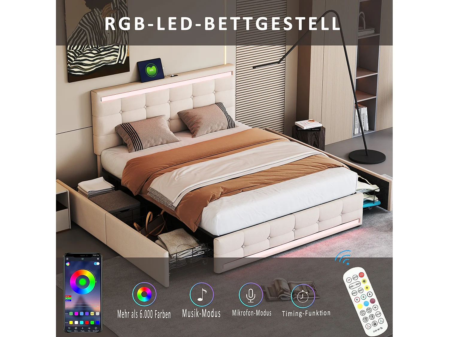 Lit coffre double rembourré - 140 x 200 cm - Leds + 4 tiroirs + Tête de lit avec USB - Tissu lin - Beige